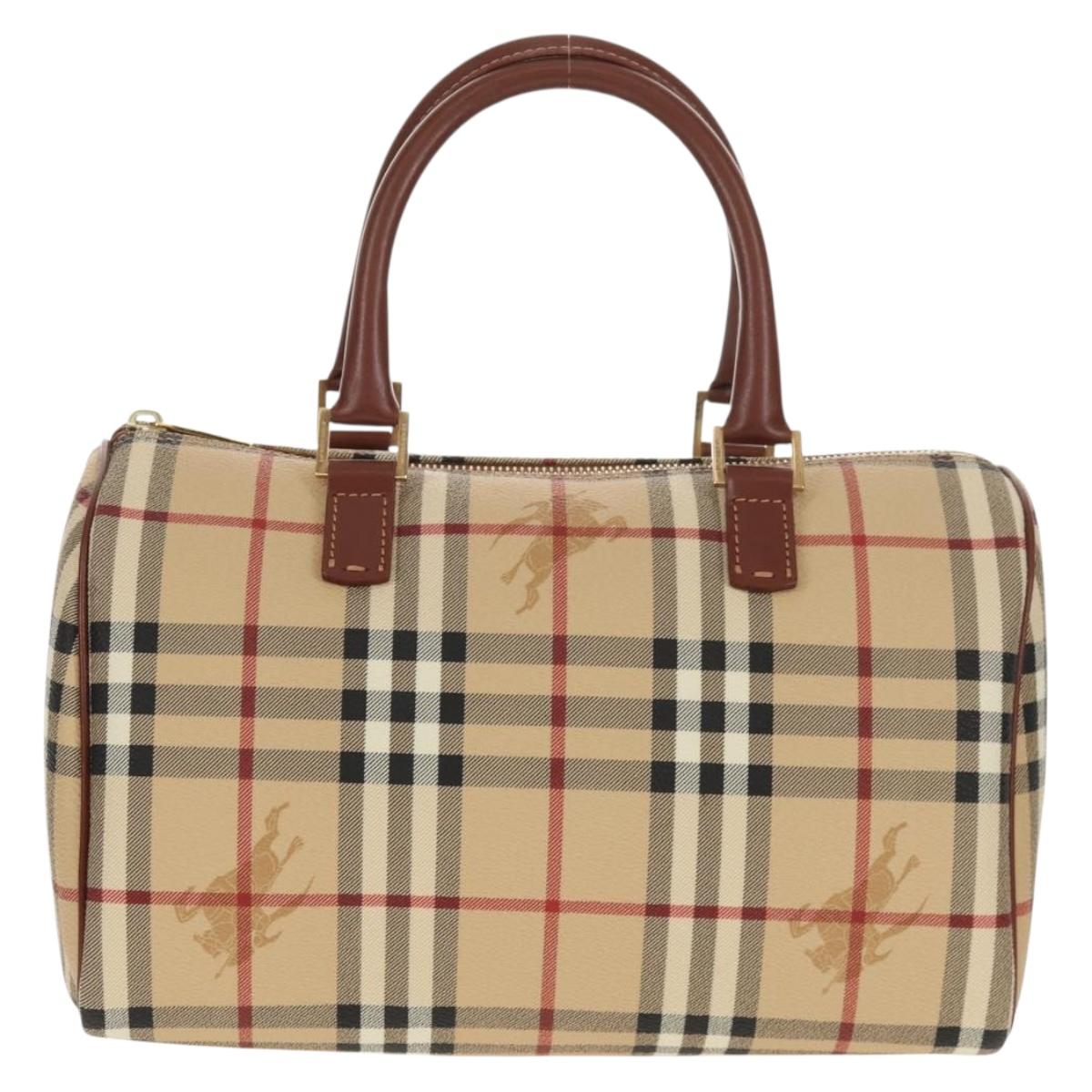 BURBERRY Nova Check Boston Bag PVC Leather Beige Gold Auth 156880V