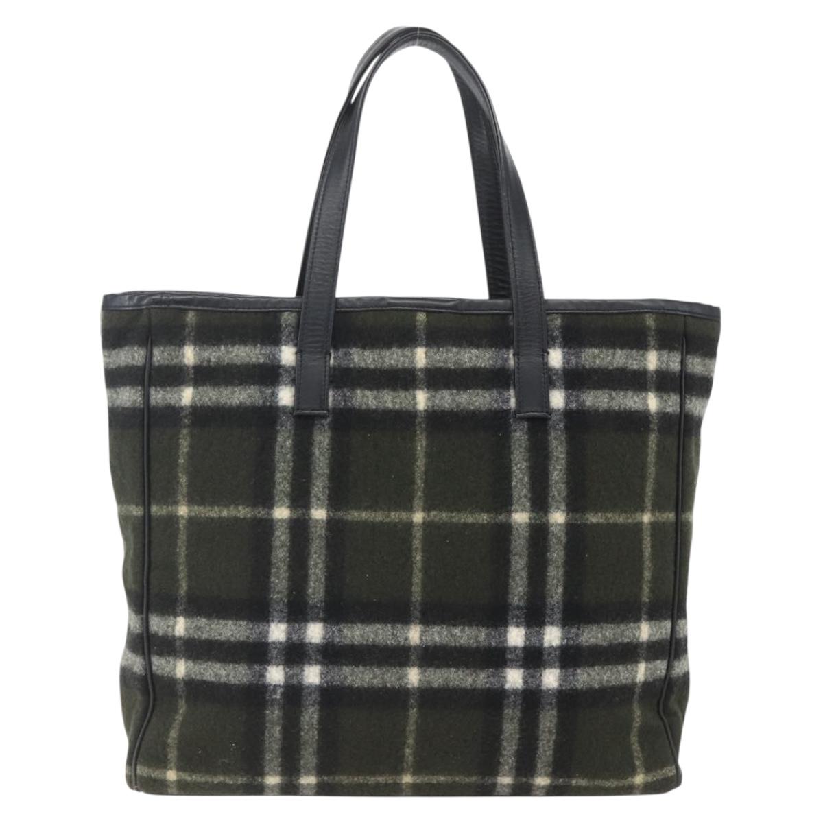 Burberrys Nova Check Blue Label Tote Bag Wool Green Silver Auth 156889