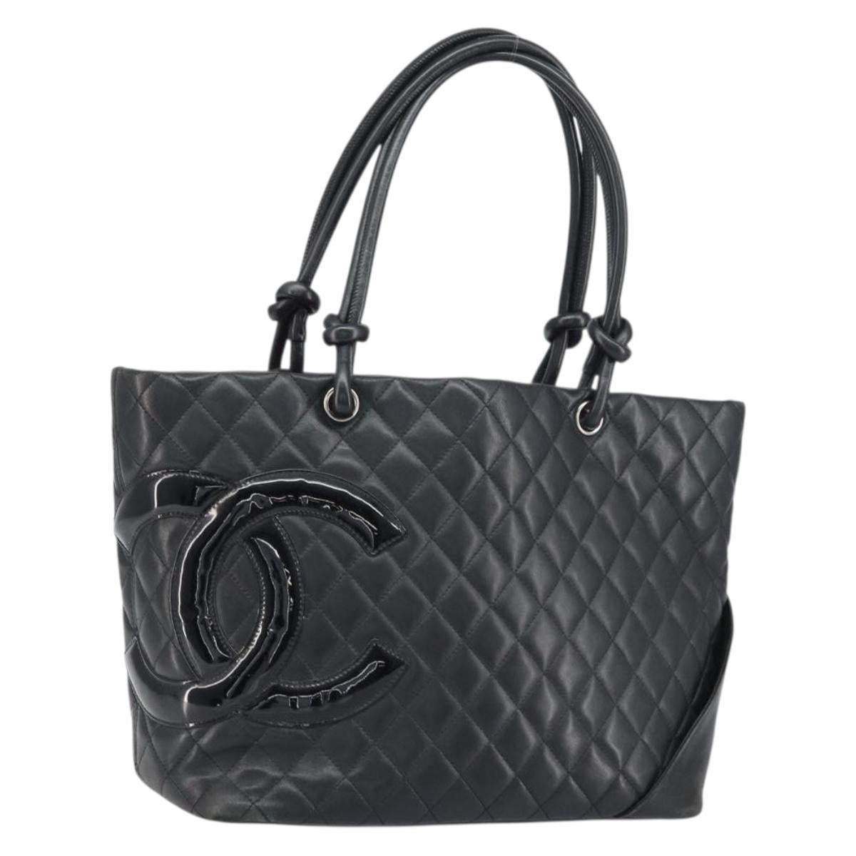 CHANEL Cambon Line Tote Bag Leather Black Silver CC Auth 156893
