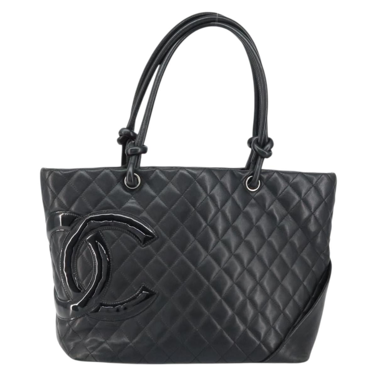 CHANEL Cambon Line Tote Bag Leather Black Silver CC Auth 156893