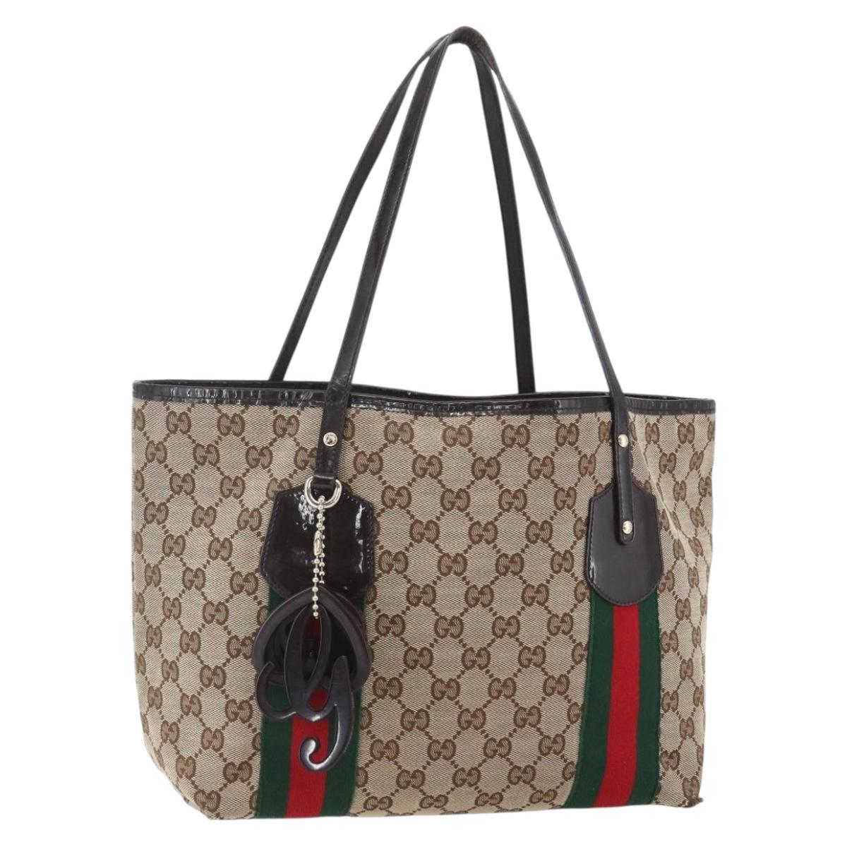 GUCCI GG Canvas Web Sherry Line Tote Bag Beige Red 211971 Auth 156906