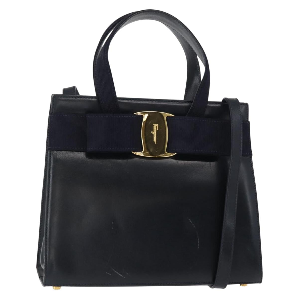 Salvatore Ferragamo Vala Hand Bag Leather 2way Navy Gold Auth 156941