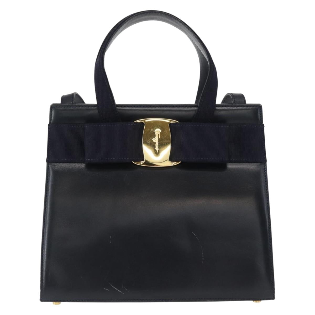 Salvatore Ferragamo Vala Hand Bag Leather 2way Navy Gold Auth 156941