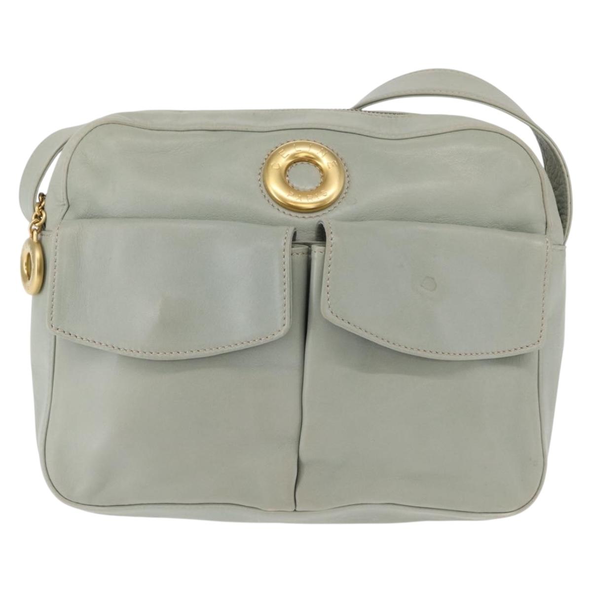 CELINE Circle Shoulder Bag Leather Gold Light green Auth 156943