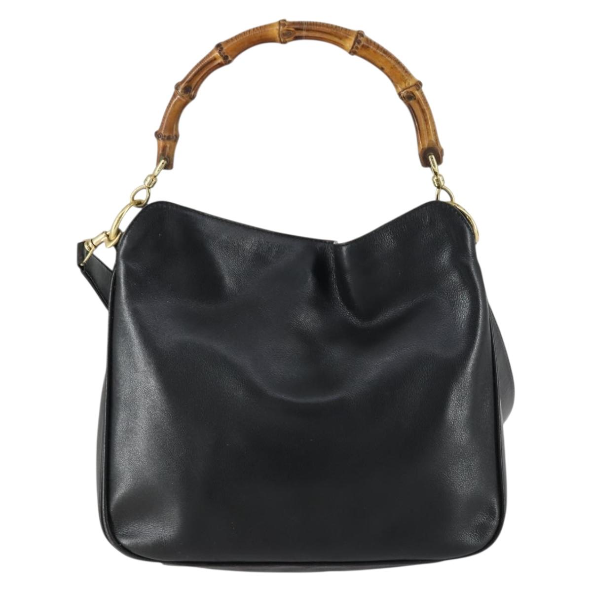 GUCCI Bamboo Hand Bag Leather 2way Black Gold 001 1638 2615 Auth 156944