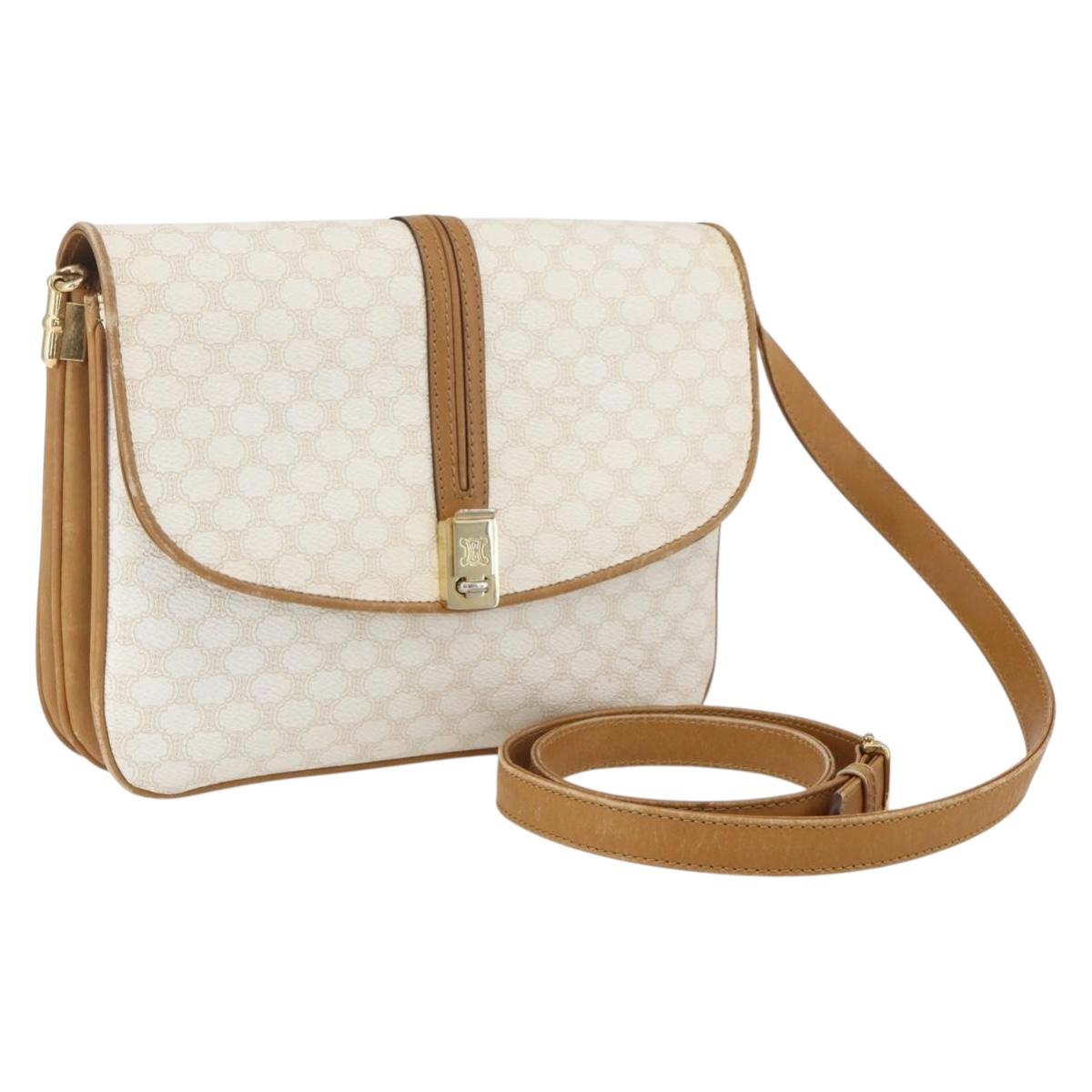 CELINE Macadam Canvas Shoulder Bag PVC Leather White Gold Auth 156965