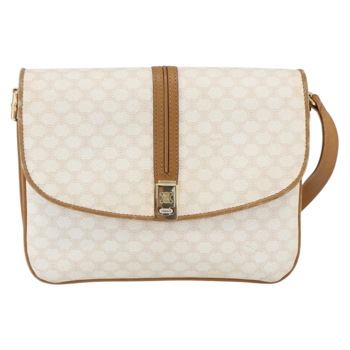 CELINE Macadam Canvas Shoulder Bag PVC Leather White Gold Auth 156965