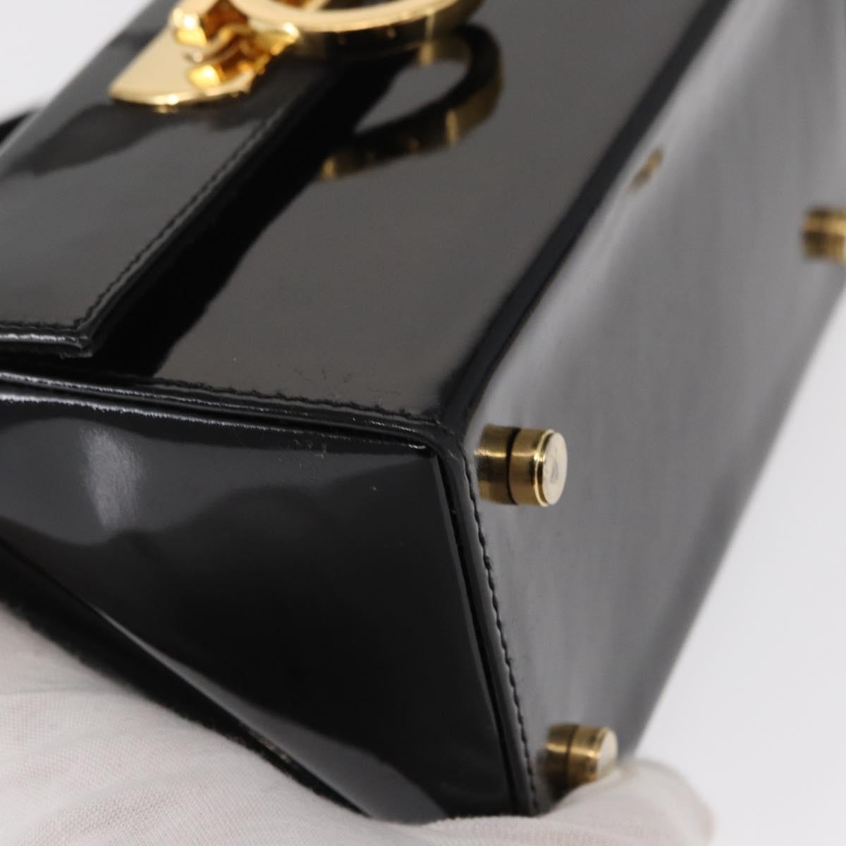 Salvatore Ferragamo Gancini Hand Bag Enamel Black Gold Auth 156968