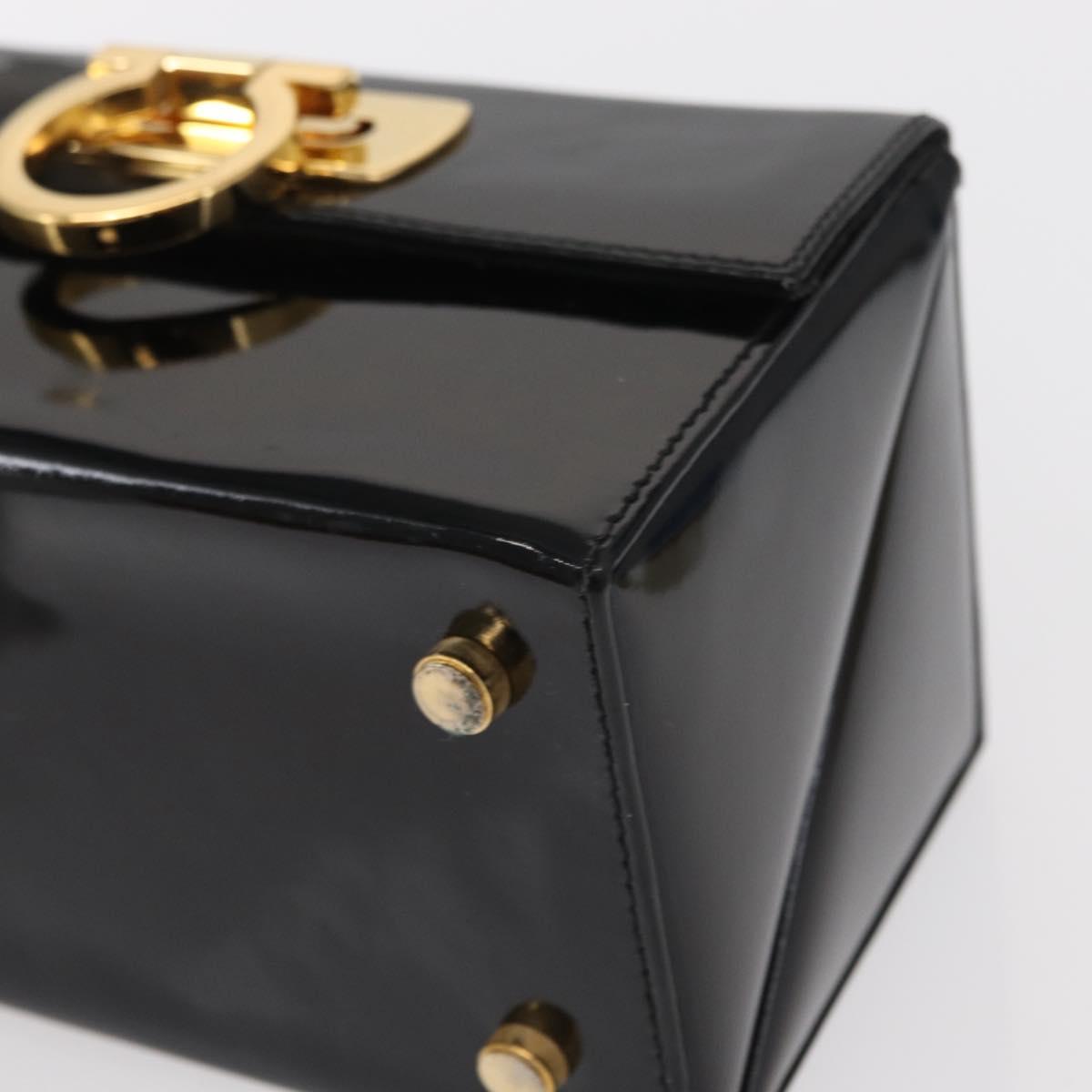 Salvatore Ferragamo Gancini Hand Bag Enamel Black Gold Auth 156968