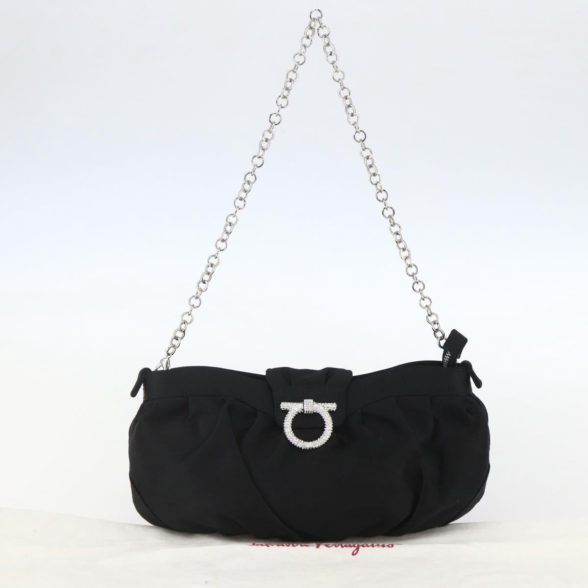 Salvatore Ferragamo Gancini Chain Shoulder Bag Satin Black Silver Auth 156969V