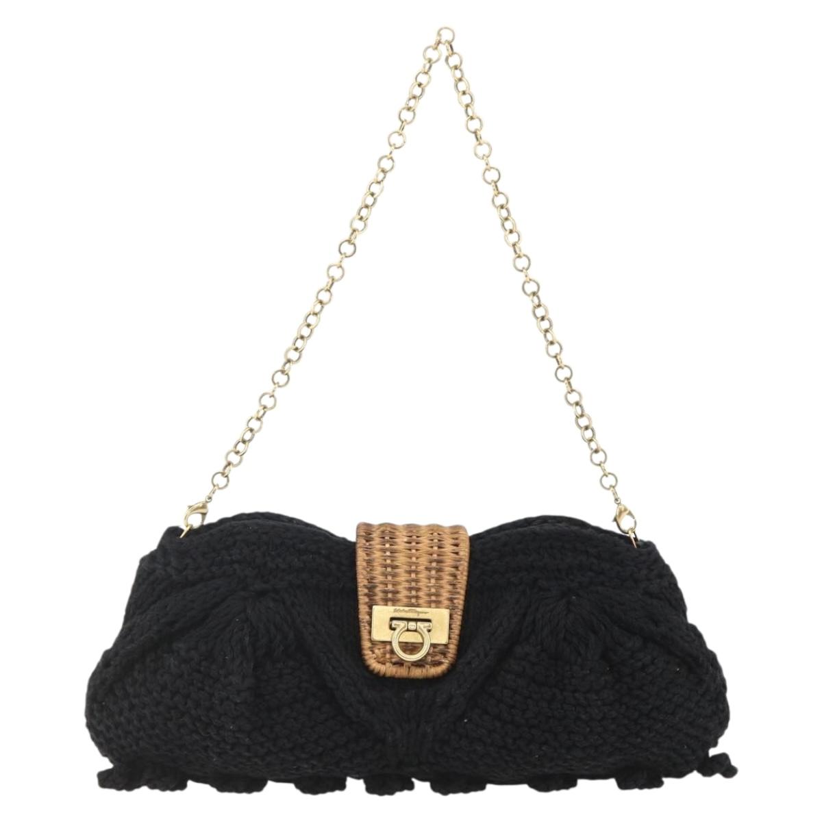 Salvatore Ferragamo Chain Shoulder Bag knitted Fabrics Black Gold Auth 156985V