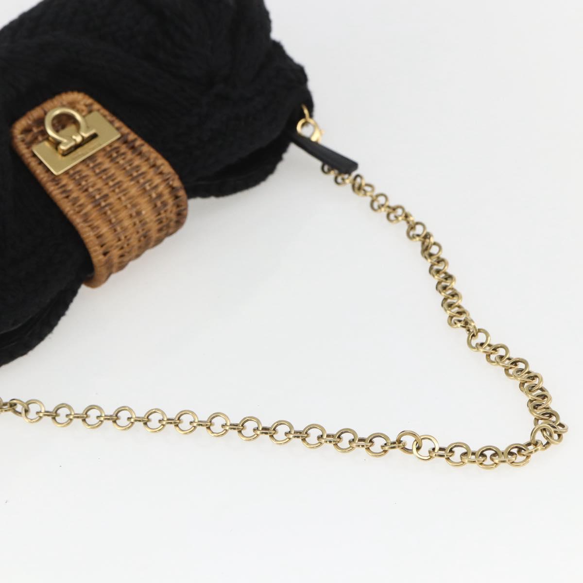 Salvatore Ferragamo Chain Shoulder Bag knitted Fabrics Black Gold Auth 156985V