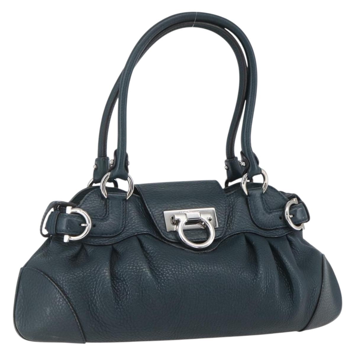 Salvatore Ferragamo Gancini Hand Bag Leather Green Silver Auth 157002