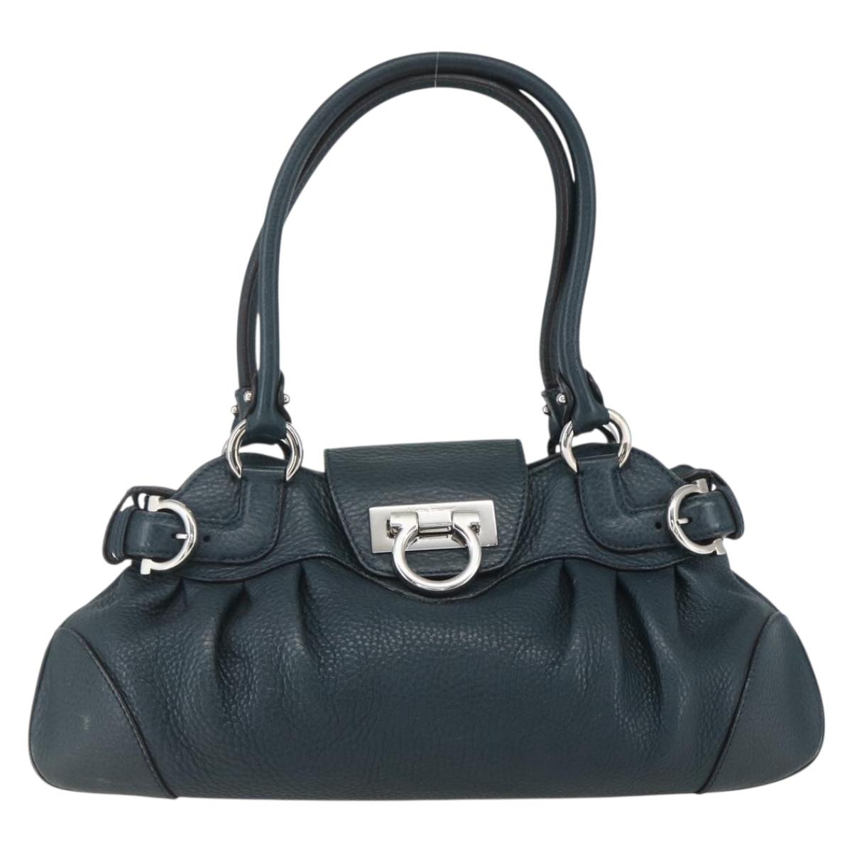 Salvatore Ferragamo Gancini Hand Bag Leather Green Silver Auth 157002