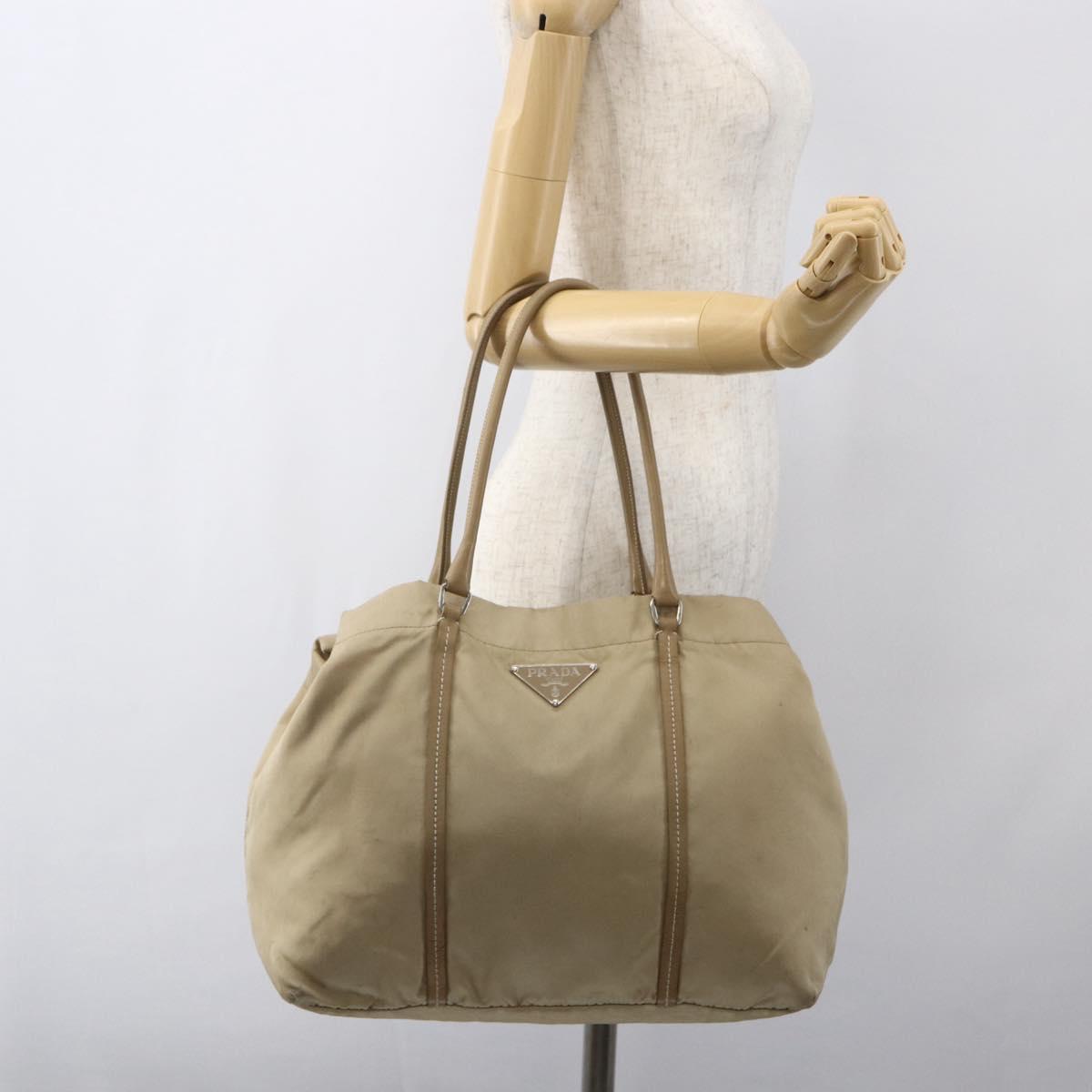 PRADA Tote Bag Nylon Beige Silver Auth 157015
