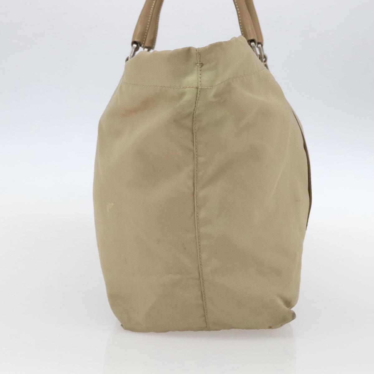 PRADA Tote Bag Nylon Beige Silver Auth 157015