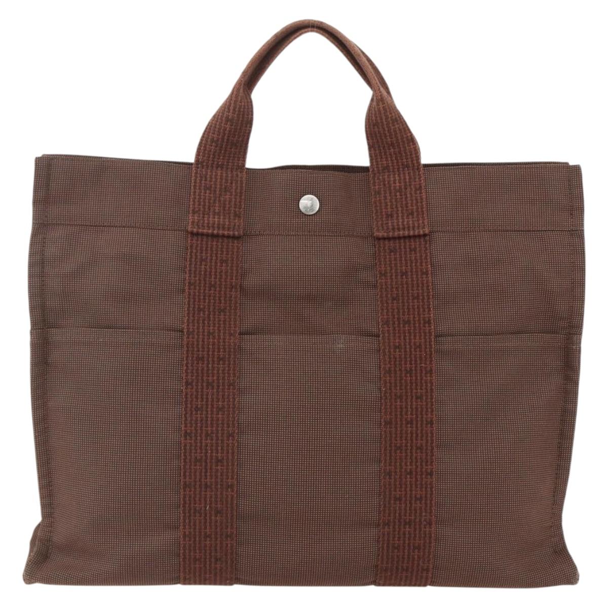 HERMES Her LineMM Hand Bag Canvas Brown Silver Auth 157068