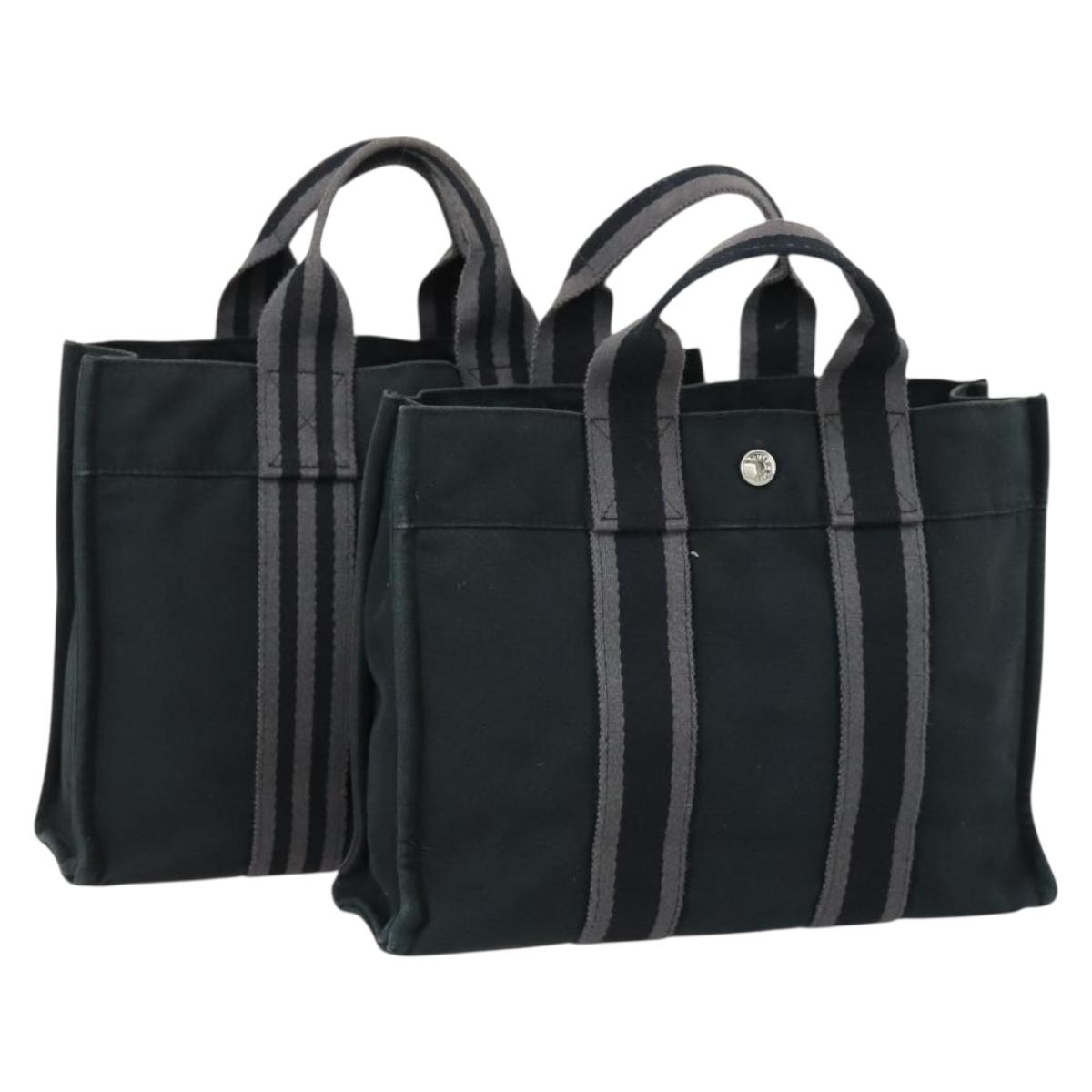 HERMES Fourre ToutPM Hand Bag Canvas 2 Set Black Auth 157076