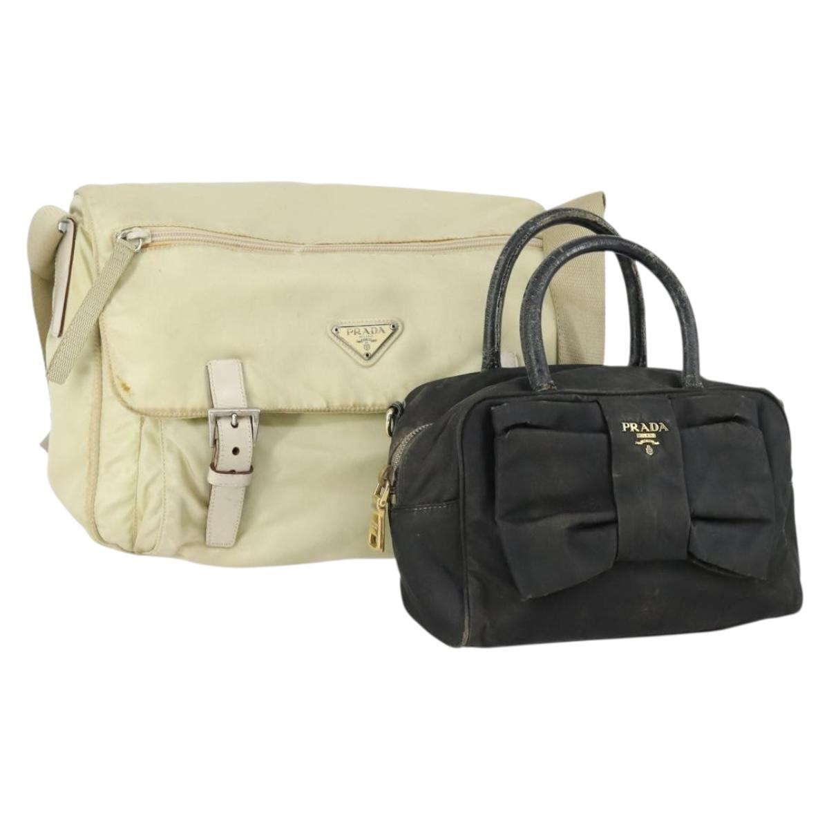 PRADA Tote Bag Nylon 2 Set Black Beige Auth 157078