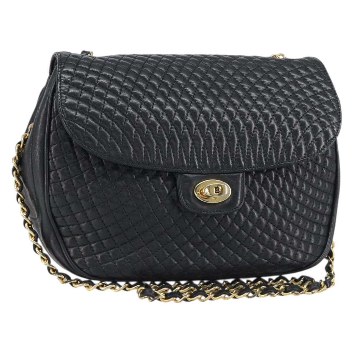 BALLY Chain Shoulder Bag Leather Black Gold Auth 157106