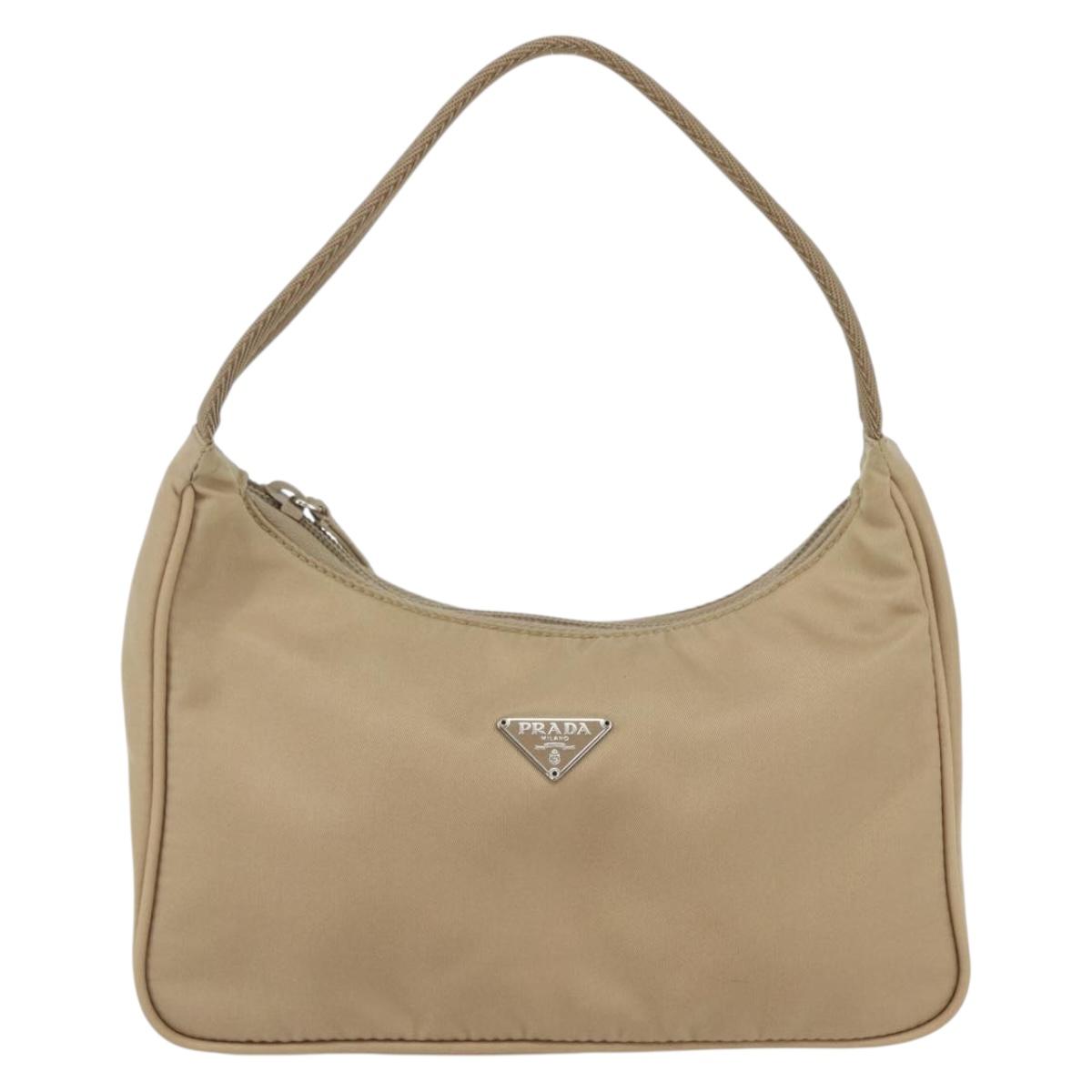 PRADA Hand Bag Nylon Beige Silver Auth 157109V