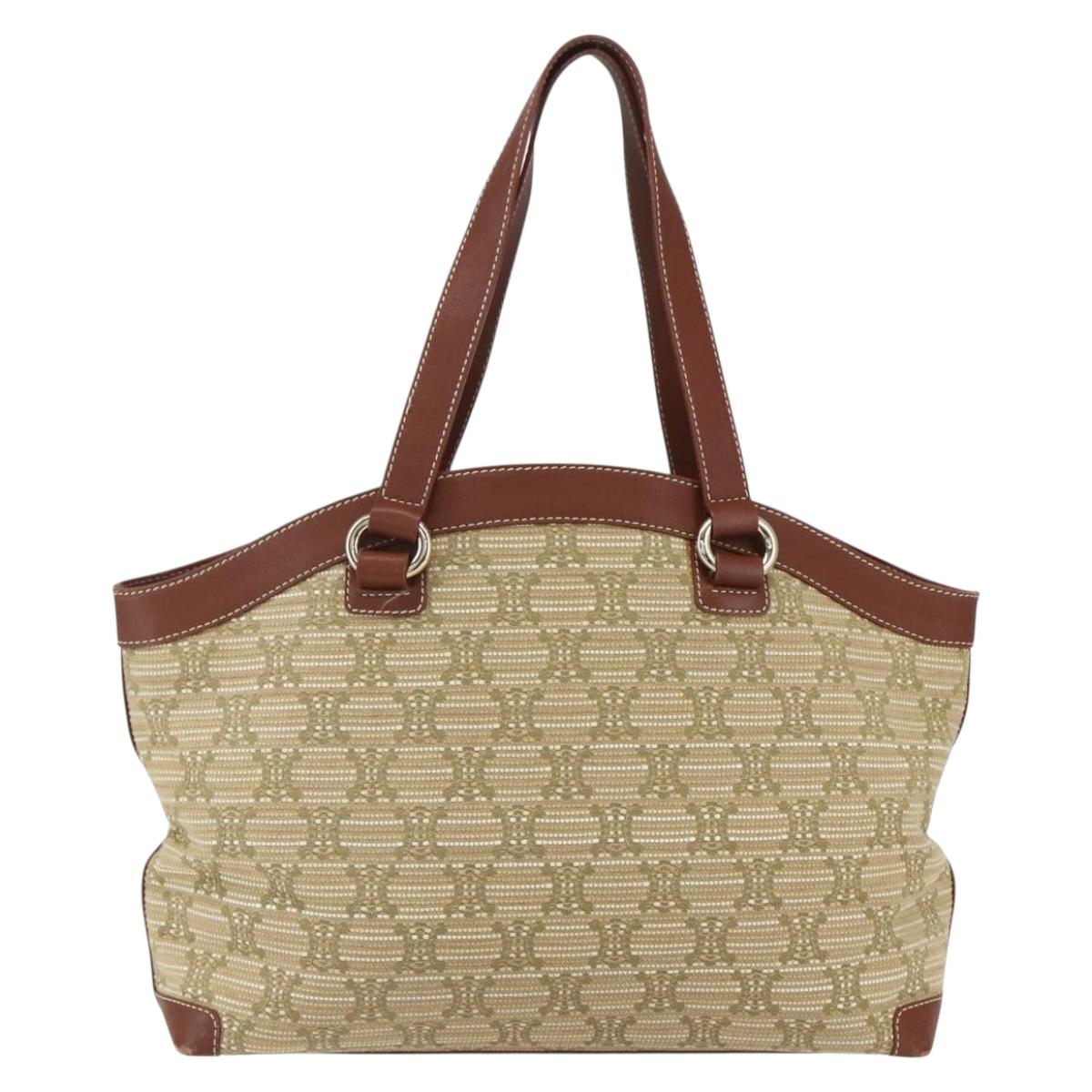 CELINE Paris Macadam Canvas Tote Bag Beige Gold Auth 157115
