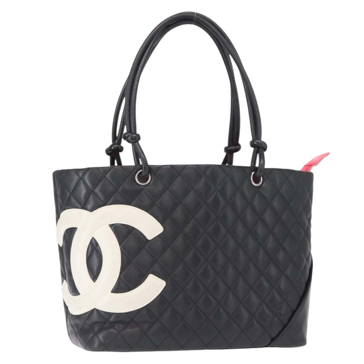 CHANEL Cambon Line Tote Bag Leather Black Silver CC Auth 157122SAV