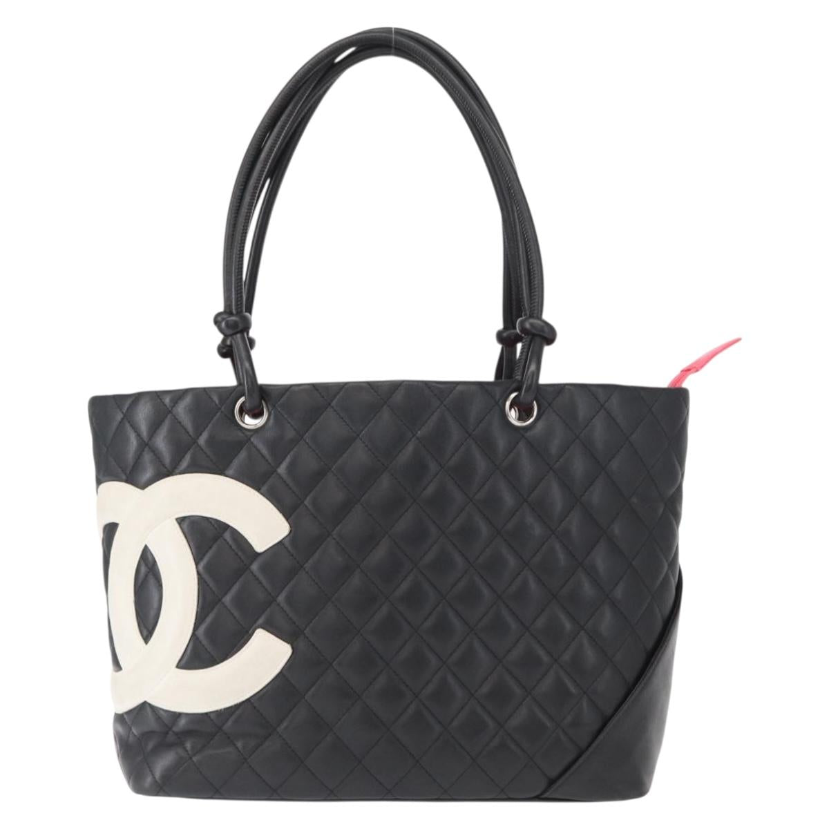 CHANEL Cambon Line Tote Bag Leather Black Silver CC Auth 157122SAV