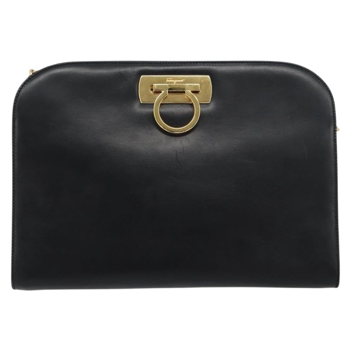Salvatore Ferragamo Gancini Chain Shoulder Bag Leather Black Gold Auth 157126