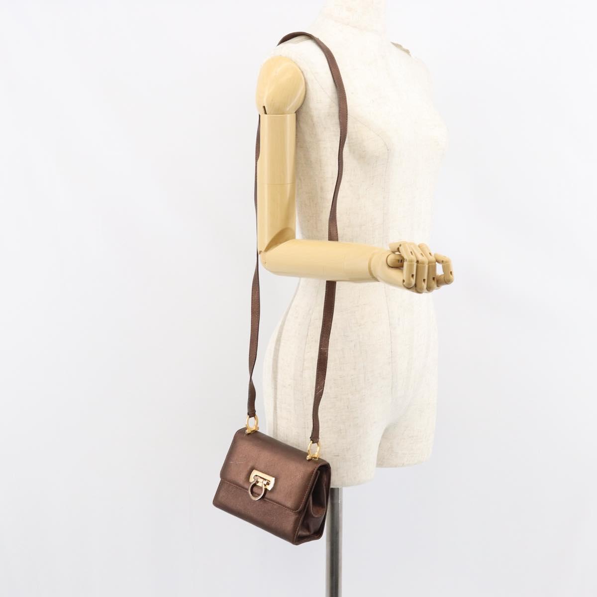 Salvatore Ferragamo Gancini Shoulder Bag Leather Bronze Gold Auth 157128