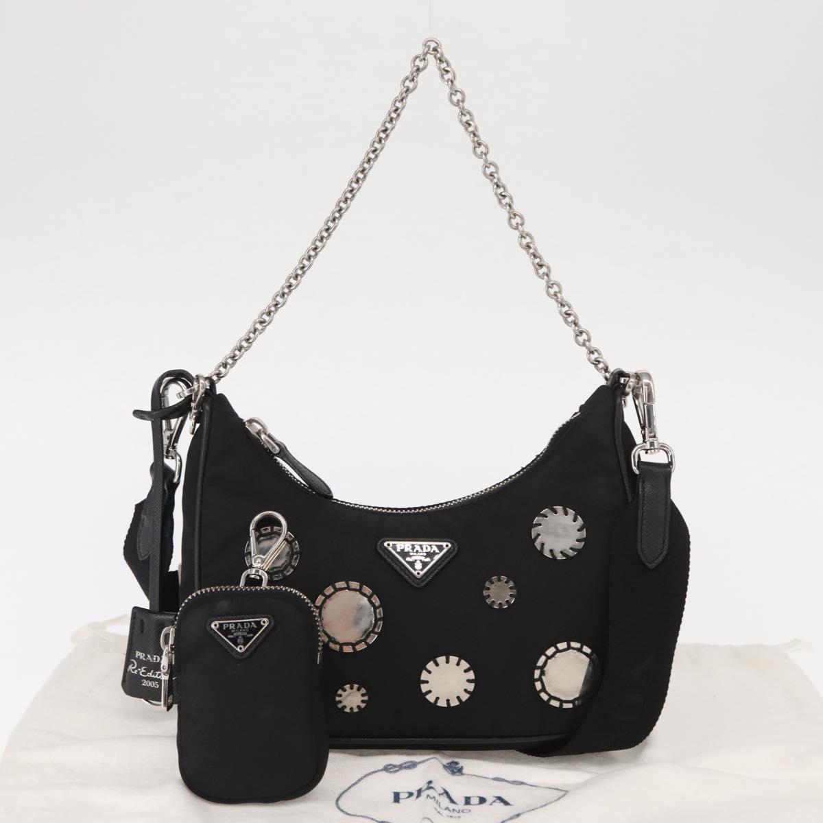 PRADA Re-Edition 2005 Shoulder Bag Nylon 2way Black Silver 1BH204 Auth 157130SAM