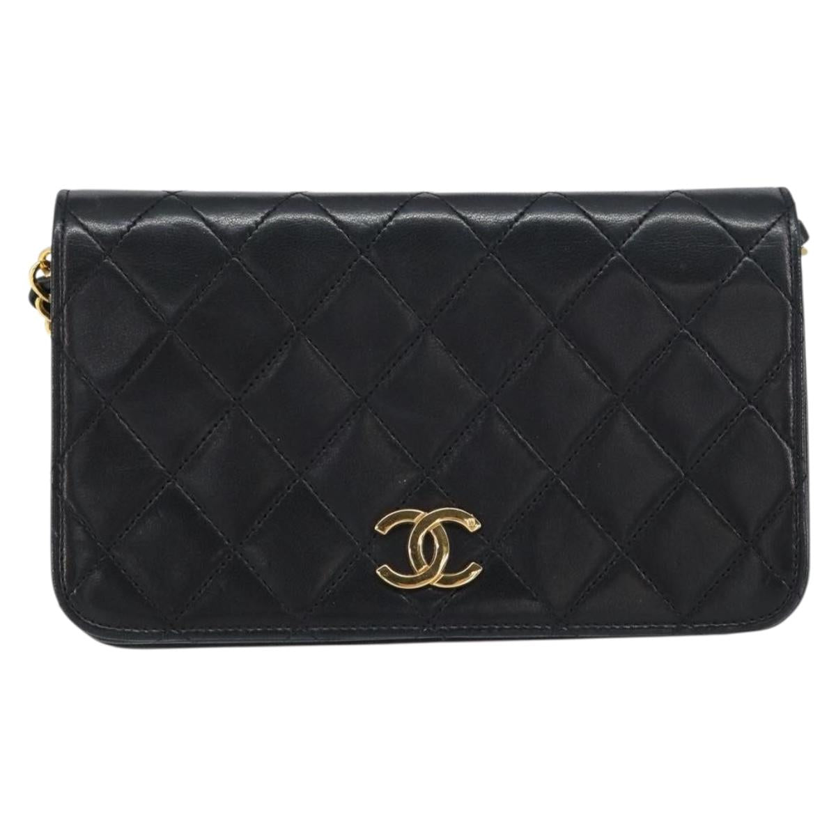 CHANEL Matelasse Chain Shoulder Bag Lamb Skin Black Gold CC Auth 157131
