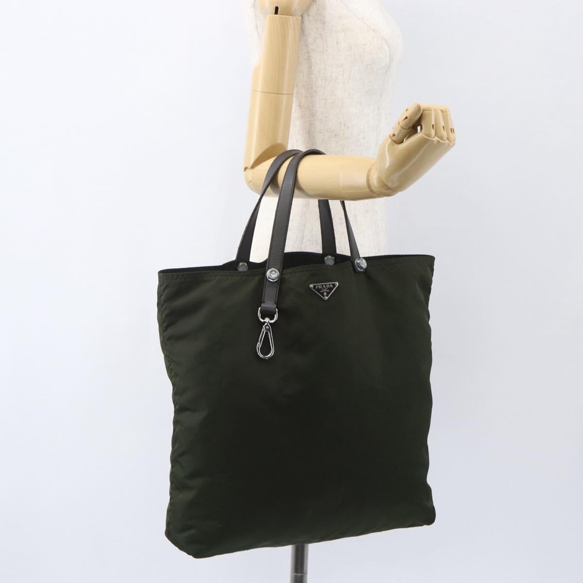 PRADA Tote Bag Nylon Khaki Silver Auth 157146
