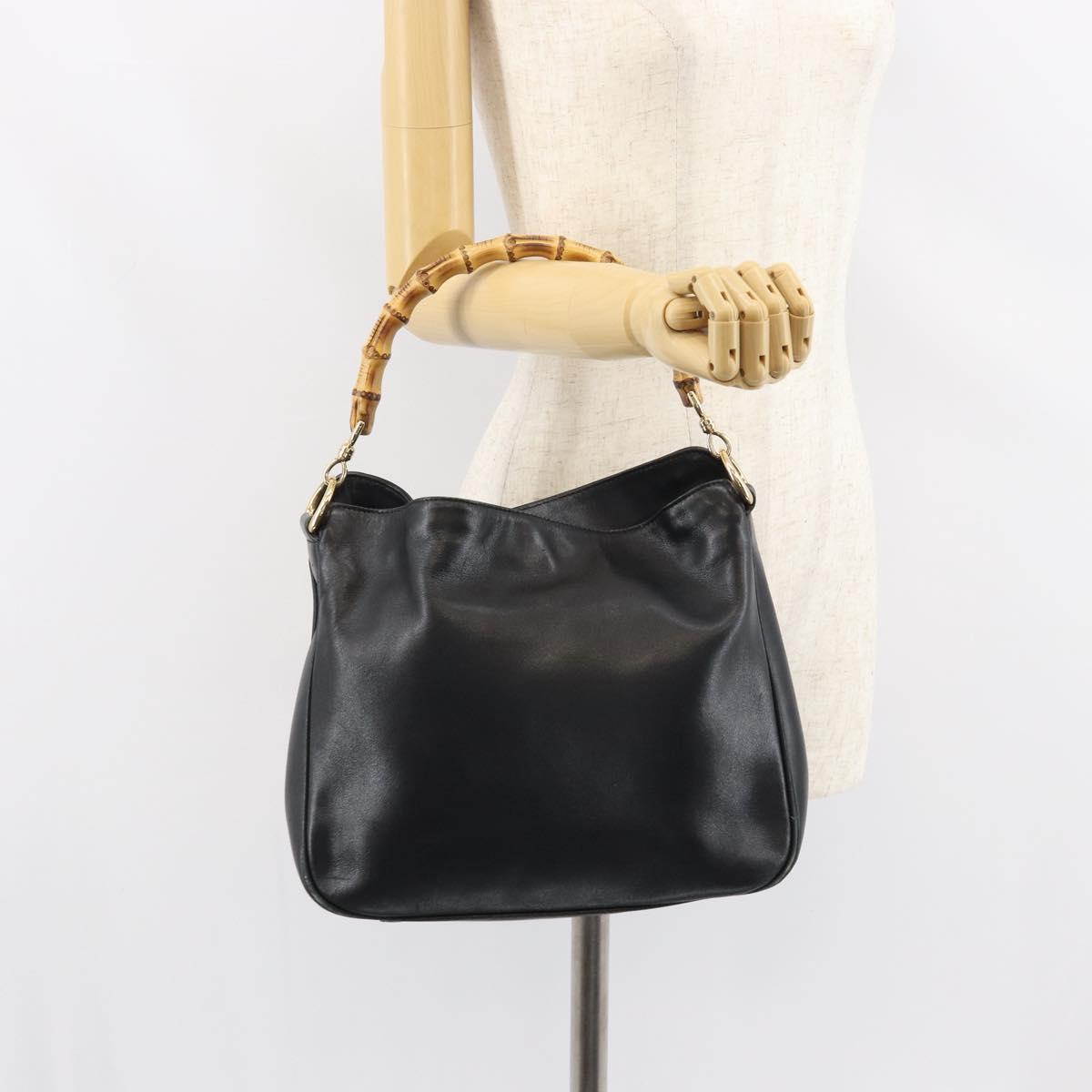 GUCCI Bamboo Shoulder Bag Leather Black Gold 001 1638 2058 Auth 157162