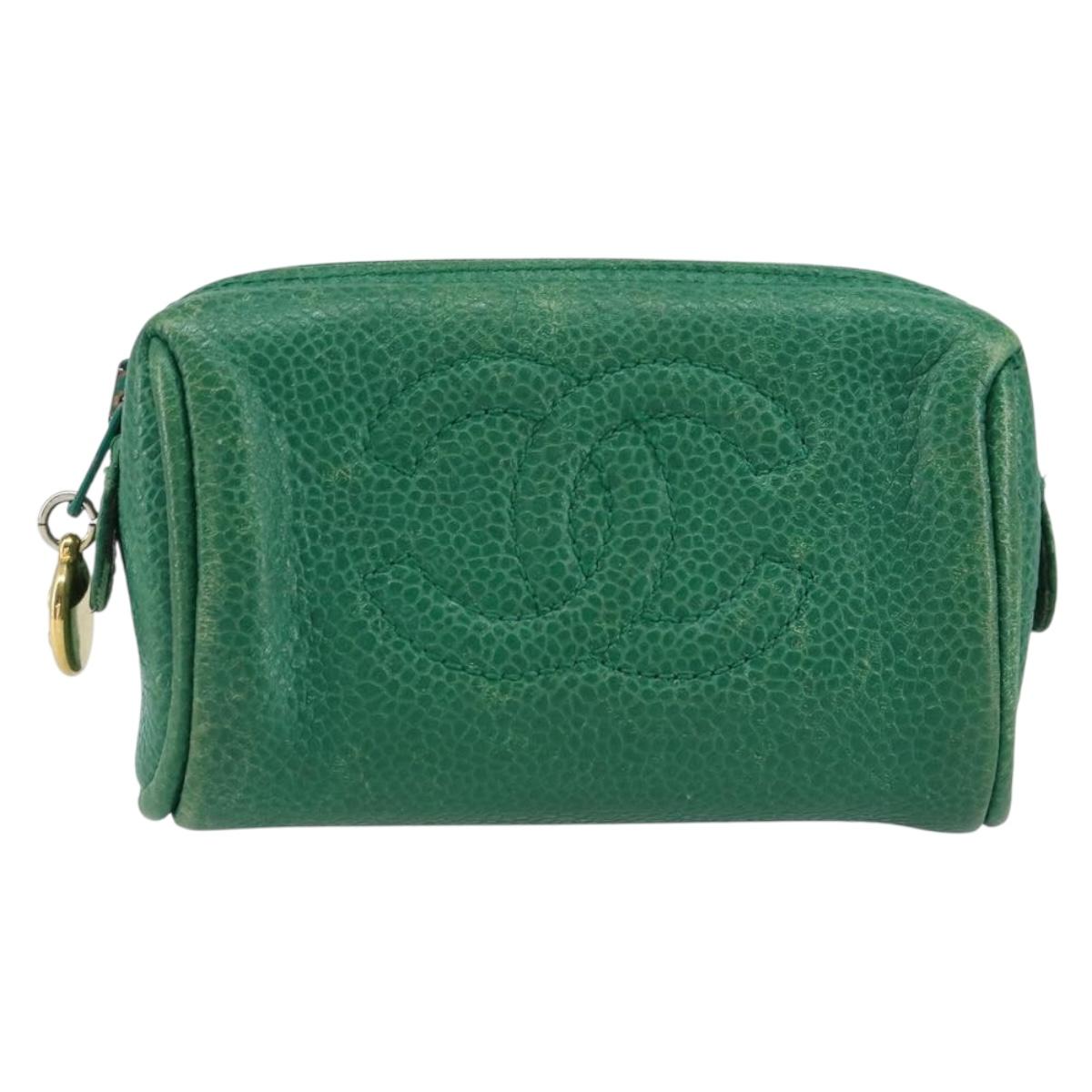 CHANEL Coin Purse Caviar Skin Green Gold CC Auth 157170