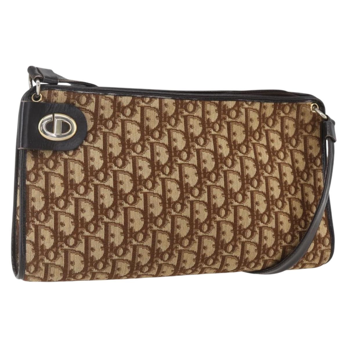 Christian Dior Trotter Canvas Shoulder Bag Beige Gold Auth 157215