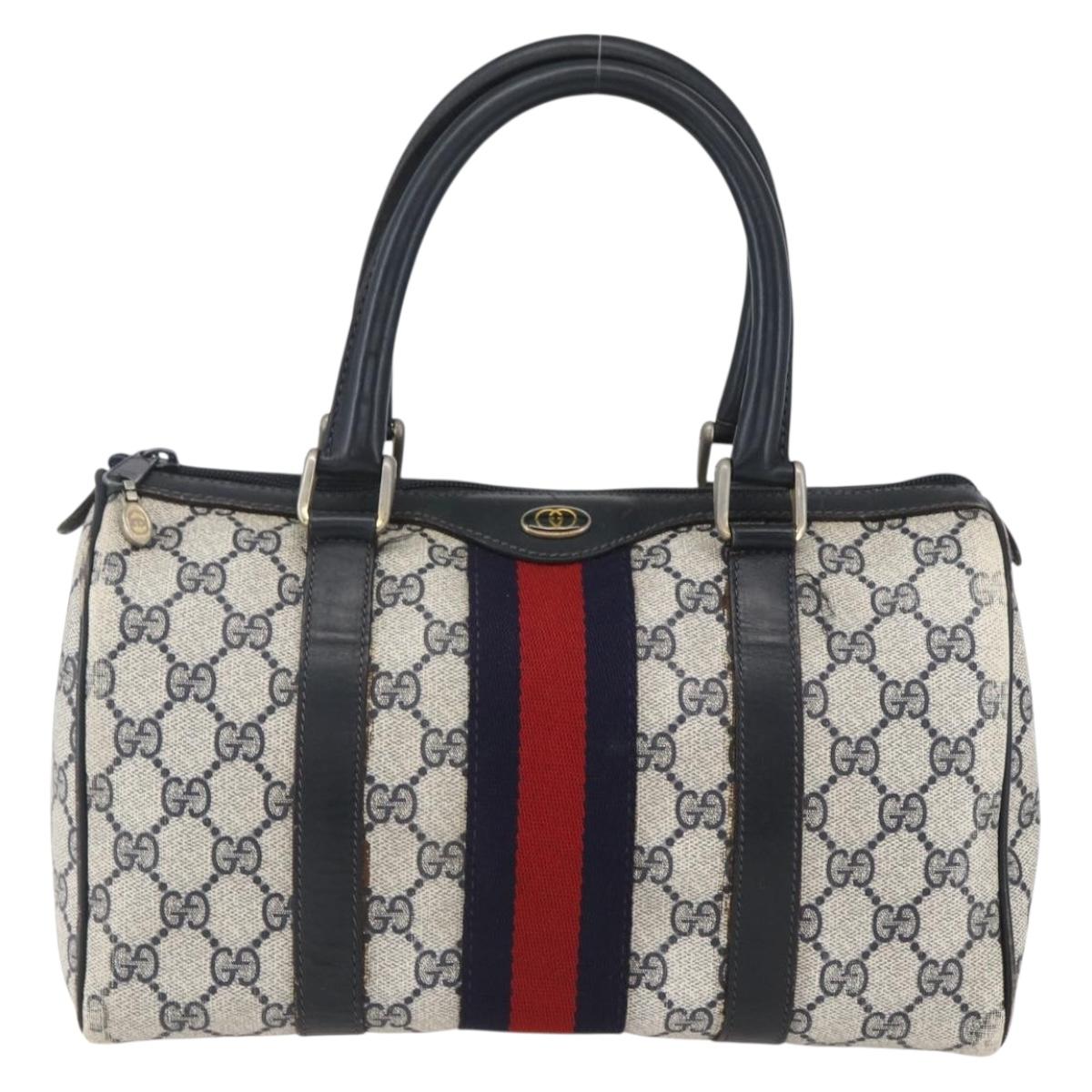 GUCCI GG Canvas Sherry Line Boston Bag Navy Gold Red 012 3841 58 Auth 157218
