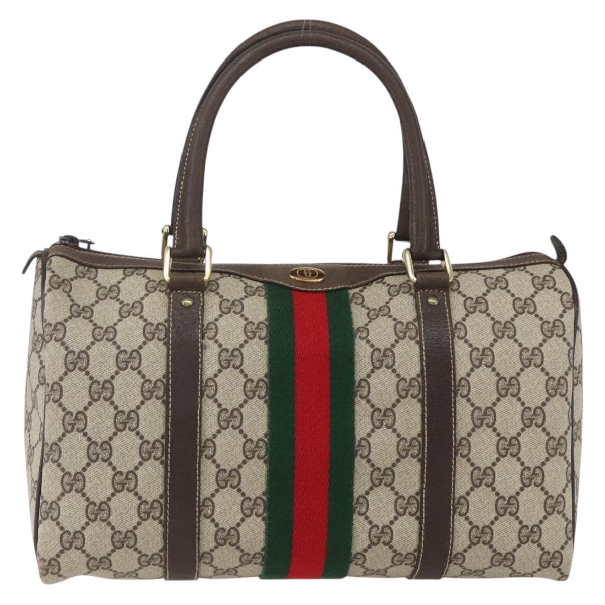 GUCCI GG Supreme Web Sherry Line Boston Bag PVC Beige Red Auth 157219