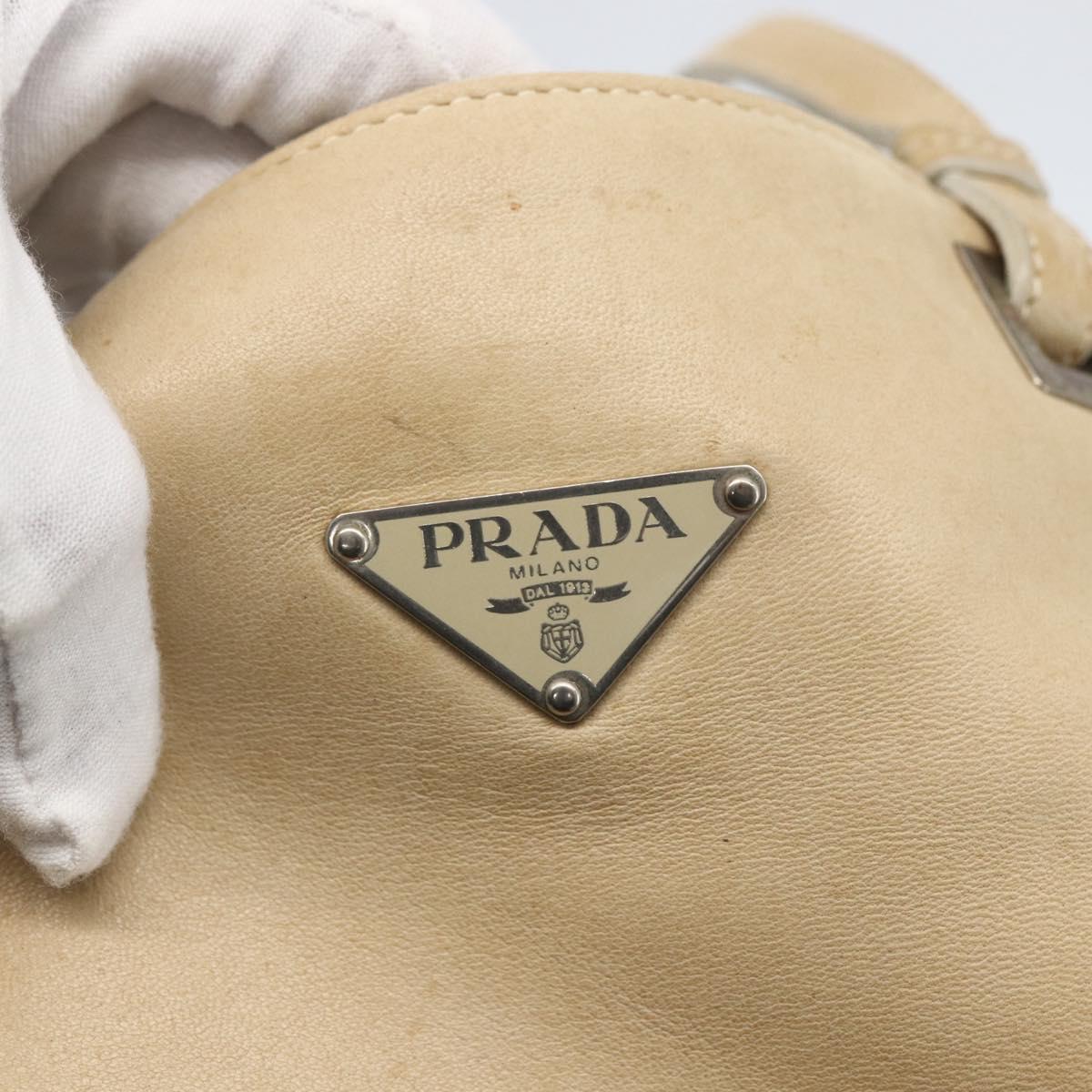 PRADA Tote Bag Leather Beige Silver Auth 157226