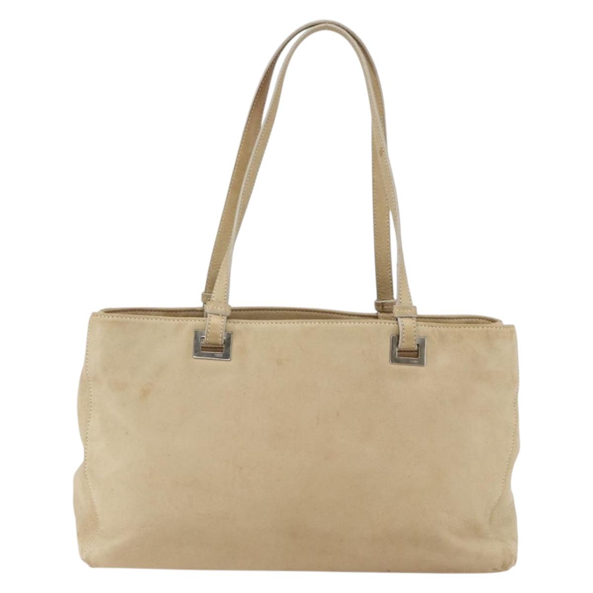 PRADA Tote Bag Leather Beige Silver Auth 157226