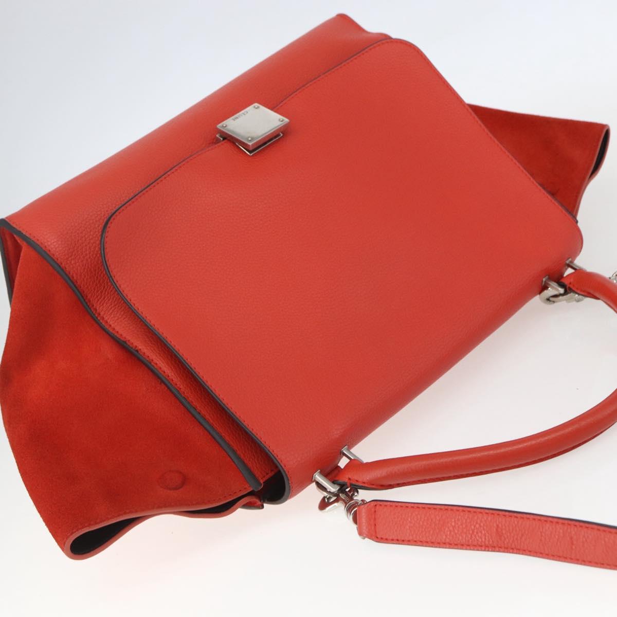 CELINE Trapeze Hand Bag Leather 2way Red Silver Auth 157228