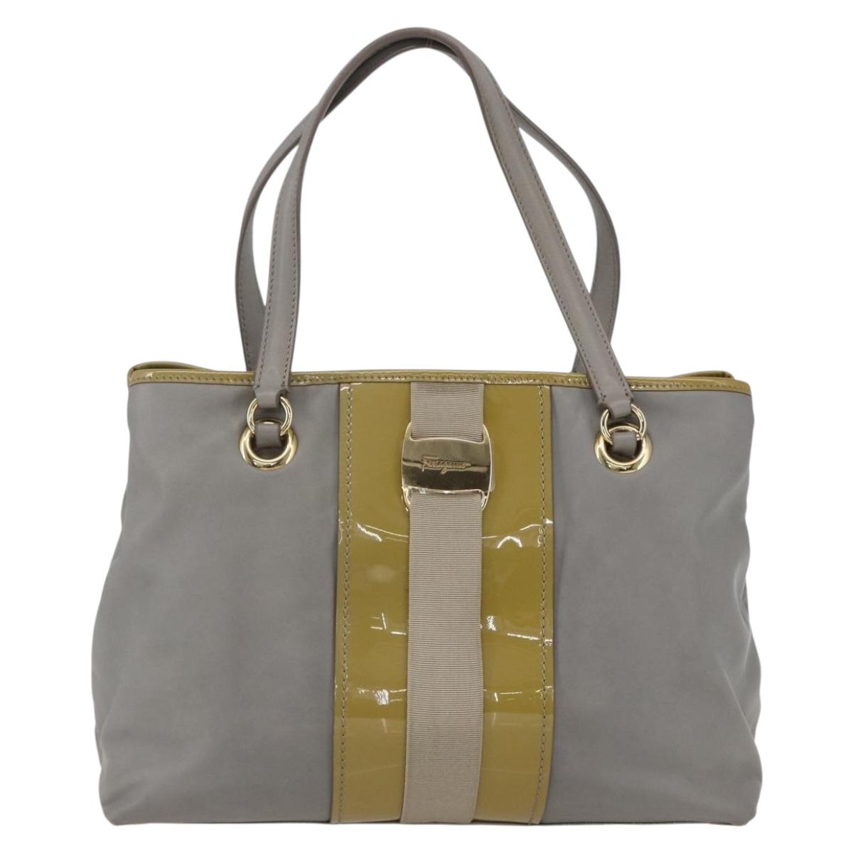 Salvatore Ferragamo Vala Tote Bag Leather Gray Gold Auth 157235