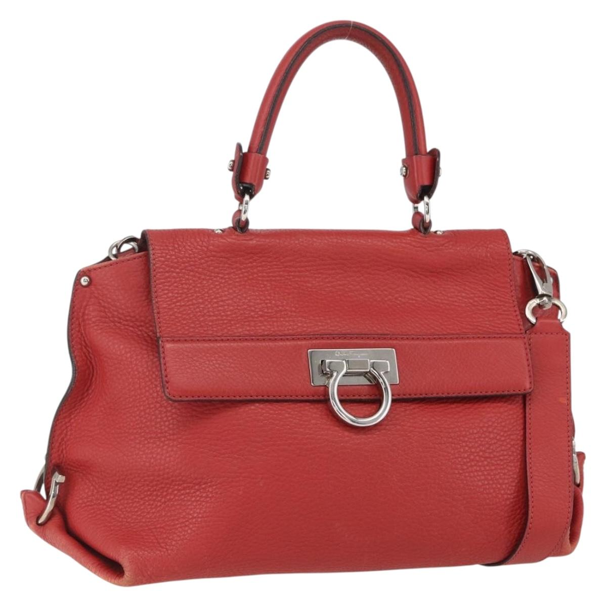 Salvatore Ferragamo Gancini Hand Bag Leather 2way Red Silver Auth 157236