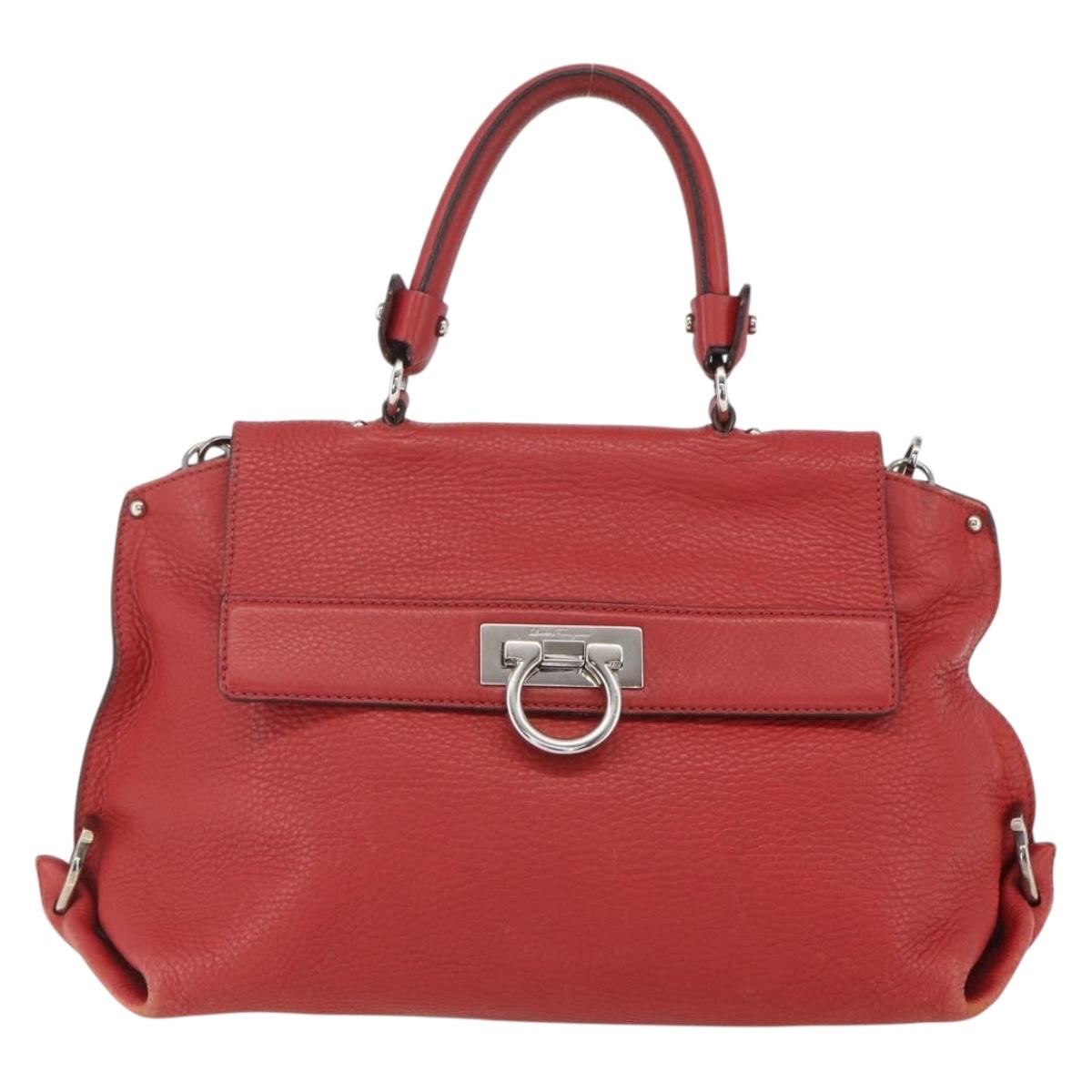 Salvatore Ferragamo Gancini Hand Bag Leather 2way Red Silver Auth 157236
