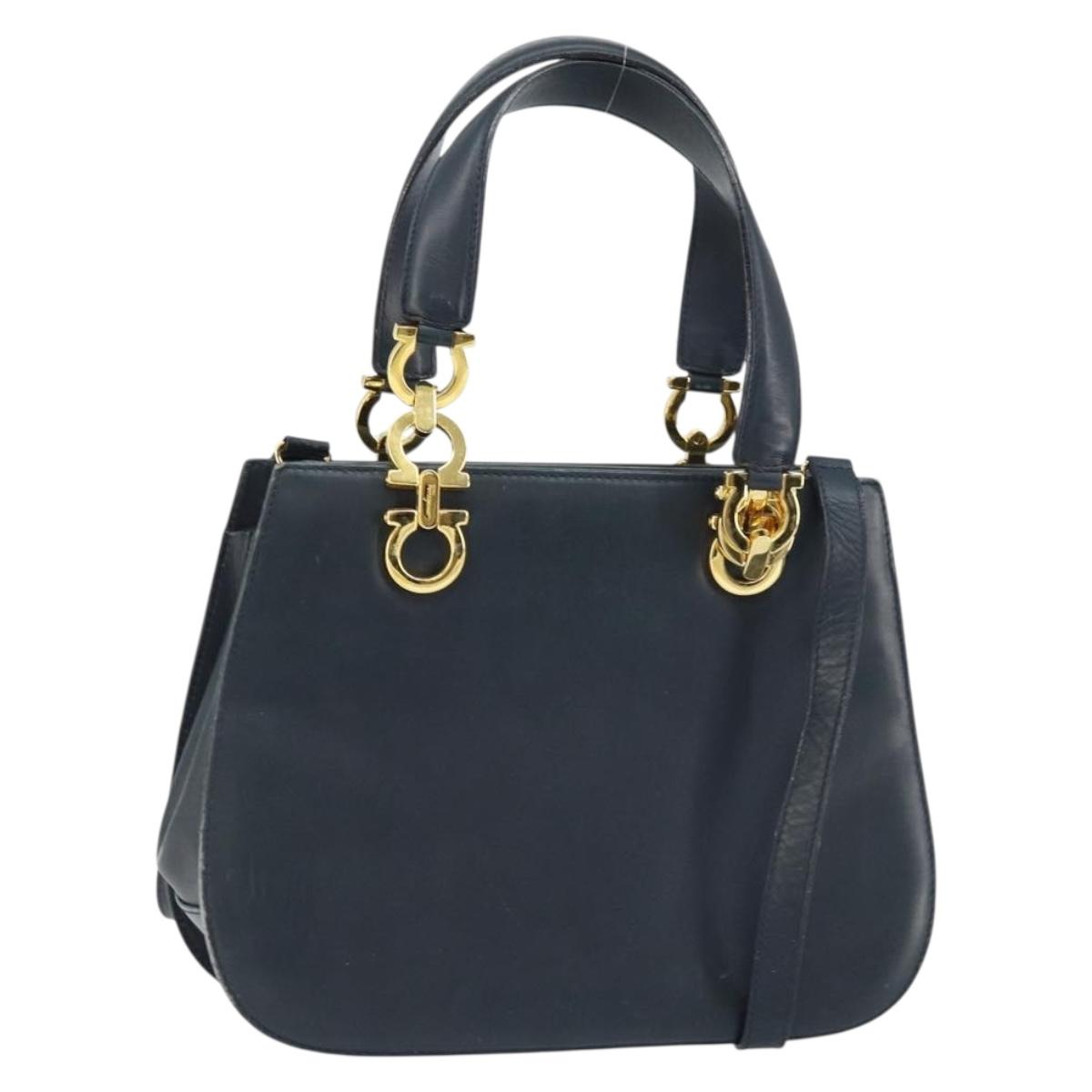 Salvatore Ferragamo Gancini Hand Bag Leather 2way Navy Gold Auth 157237