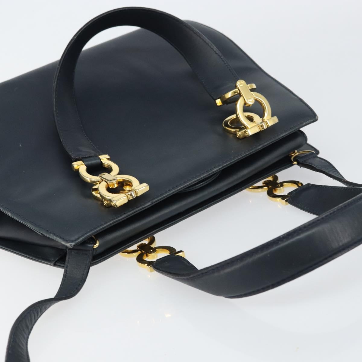 Salvatore Ferragamo Gancini Hand Bag Leather 2way Navy Gold Auth 157237
