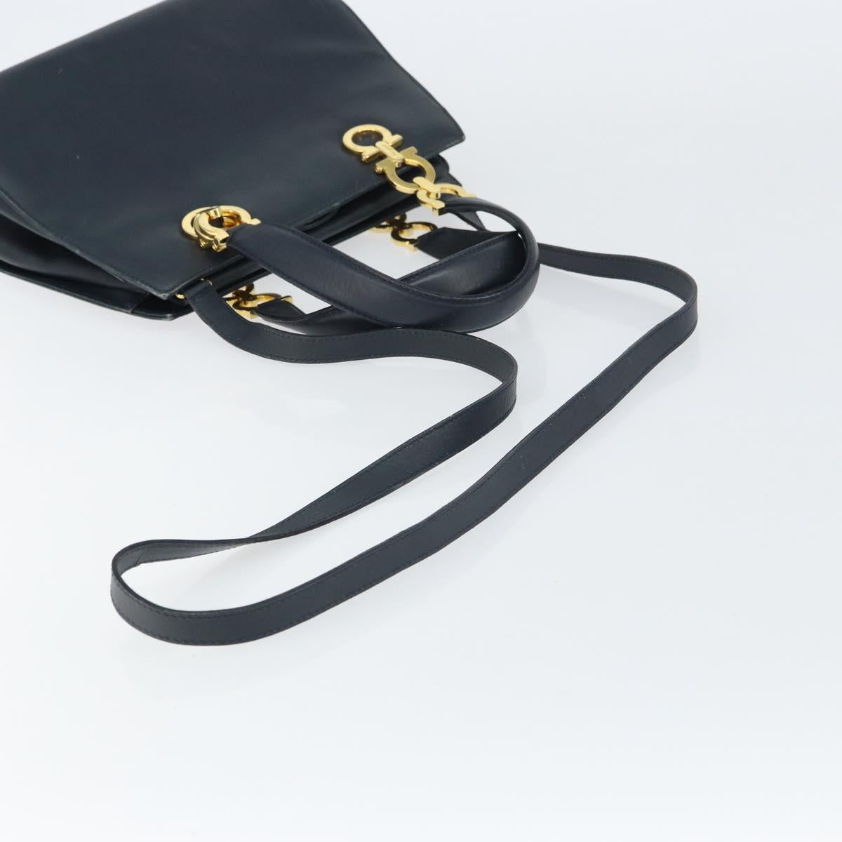 Salvatore Ferragamo Gancini Hand Bag Leather 2way Navy Gold Auth 157237