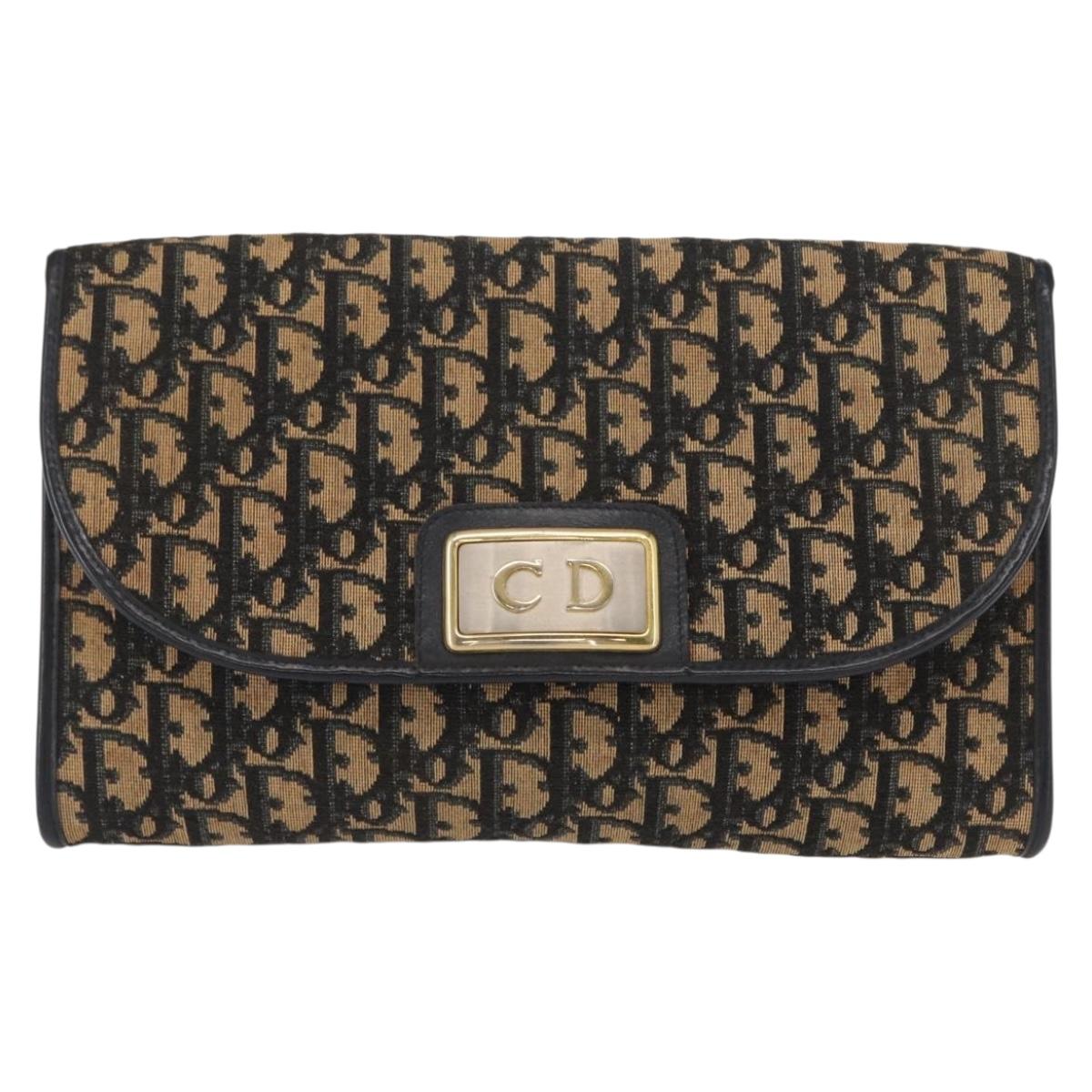 Christian Dior Trotter Canvas Chain Shoulder Bag Navy Gold Auth 157241
