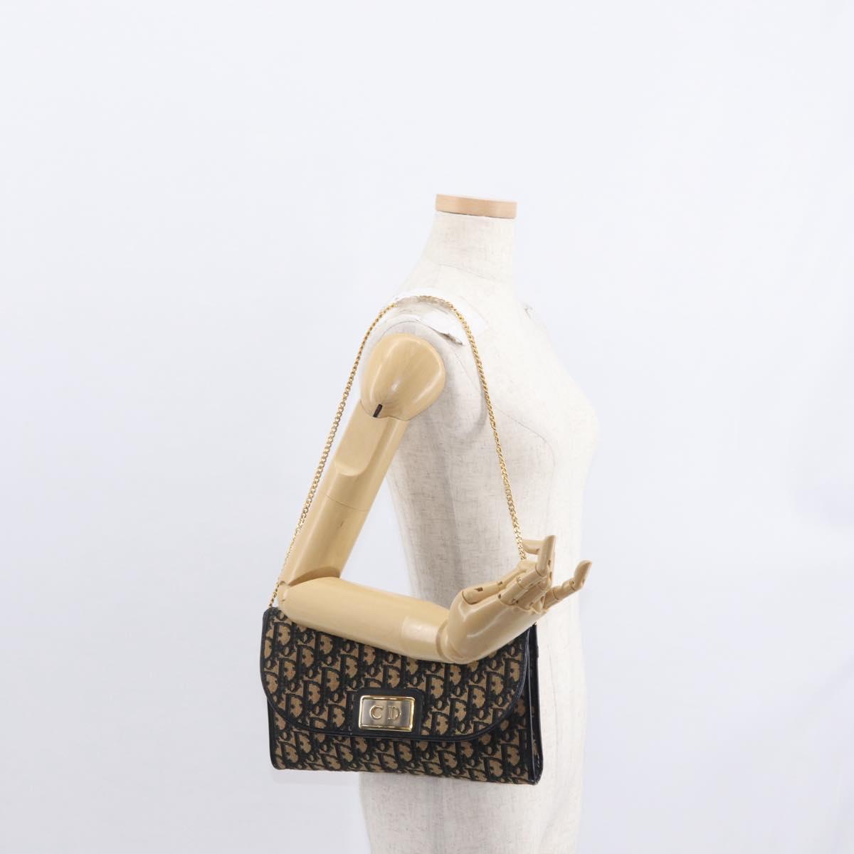 Christian Dior Trotter Canvas Chain Shoulder Bag Navy Gold Auth 157241