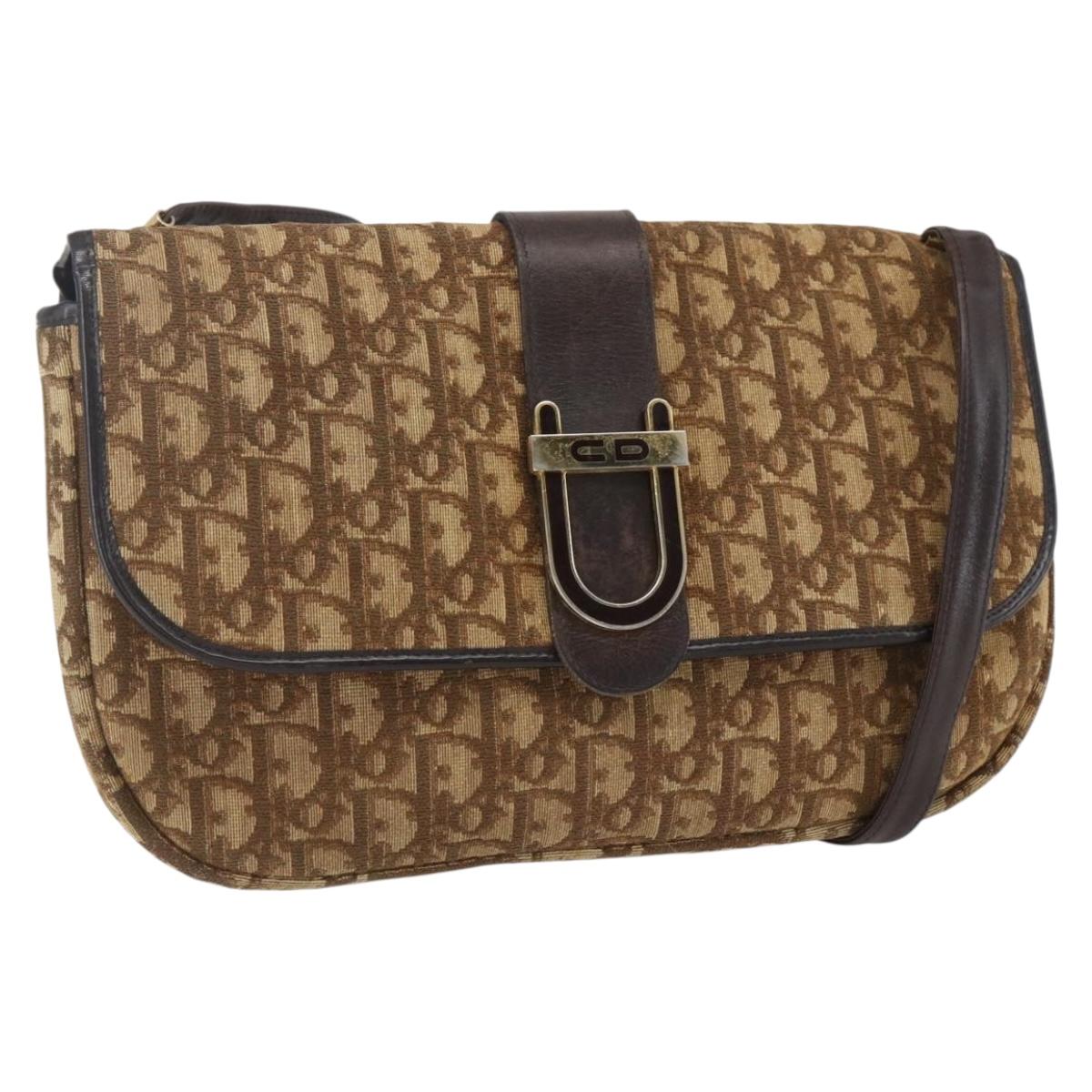 Christian Dior Trotter Canvas Shoulder Bag Beige Gold Auth 157258